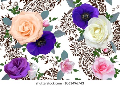 Seamless floral pattern with openwork paisley 