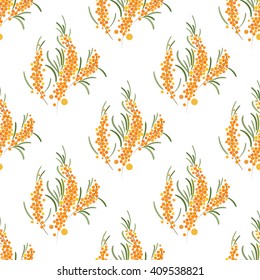 Seamless floral pattern with orange berries. Branches on white background. Autumn nature retro illustration.