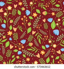 Seamless floral pattern with orange and blue flowers and green leaves on reddish brown background