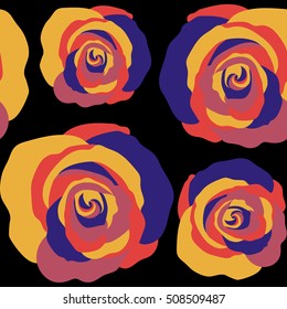 Seamless floral pattern in orange colors. Motley roses on a black background with a band of flowers. Watercolor painting seamless pattern.
