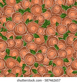 Seamless floral pattern in orange colors. Motley roses and green leaves with a band of flowers. Watercolor painting seamless pattern.