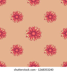 Seamless floral pattern with orange daisy flowers on creamy background