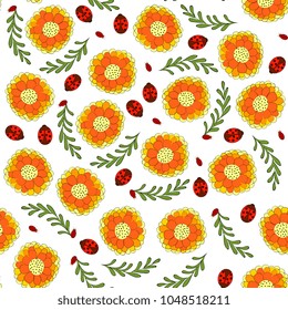 seamless floral pattern with orange flowers, leaves, beetles, ladybirds, hand drawing