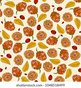 seamless floral pattern with orange flowers, leaves, beetles, ladybirds, hand drawing