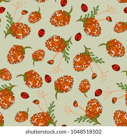 seamless floral pattern with orange flowers, leaves, beetles, ladybirds, hand drawing