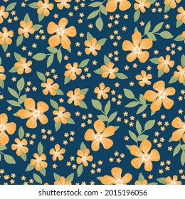 Seamless floral pattern of orange flowers and green leaves . beautiful flowers scattered on a dark blue background. Stock vector for printing on surfaces and web design.
