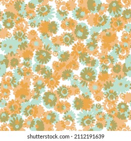 Seamless floral pattern with orange flowers on white background.Blurry shibori tie dye naive daisy background. Seamless pattern on bleached resist white. 