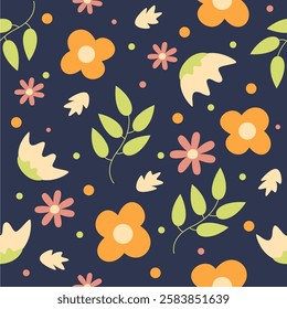 Seamless floral pattern. Orange flowers green leaves on a dark blue botanical background. wrapping, texture, textile, illustration