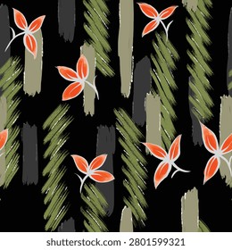 Seamless floral pattern with orange flowers and green leaves on black background, elegant tropical textile design for fabric, wallpaper, and decor.