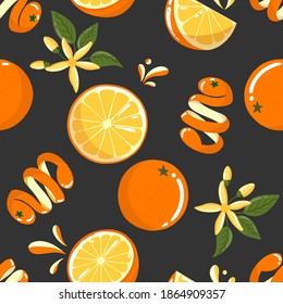 Seamless Floral Pattern. Orange Fruits Background. Flowers, Leaves. Vector. For print textile, wrapping paper.