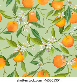 Seamless Floral Pattern. Orange Fruits Background. Flowers, Leaves. Vector. 