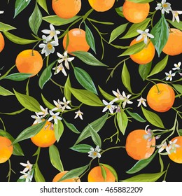 Seamless Floral Pattern. Orange Fruits Background. Flowers, Leaves. Vector. 