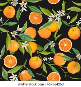 Seamless Floral Pattern. Orange Fruits Background. Flowers, Leaves. Vector