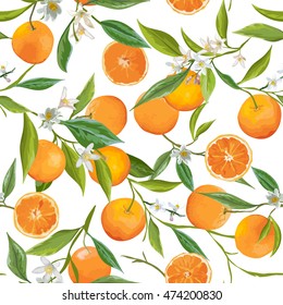 Seamless Floral Pattern. Orange Fruits Background. Flowers, Leaves, Vector