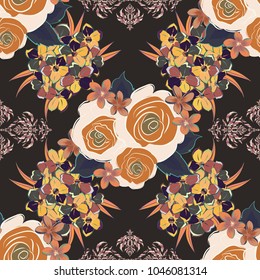 Seamless floral pattern in orange, gray and beige colors with motley primrose flowers. Vector illustration.