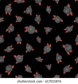 Seamless floral pattern in orange and gray colors. Motley roses on a black background with a band of flowers. Watercolor painting seamless pattern.