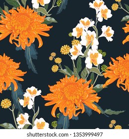 Seamless floral pattern. Orange Japanese national flower chrysanthemum and herbs. Illustration luxury design, textiles, paper, wallpaper, curtains, blinds. Dark background. 