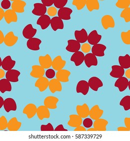 seamless floral pattern orange and maroon flowers on a blue background