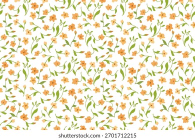 Seamless floral pattern with orange and peach flowers and green leaves on a white background, perfect for fabric, wallpaper, and digital design.