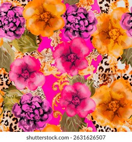 Padrão floral contínuo com cor de laranja e rosa mão desenhada abstrato flor e leopardo selvagem leopardo animal tigre pele e elementos de fundo motivo barroco. Vetor de design de padrão de papel de parede floral. 