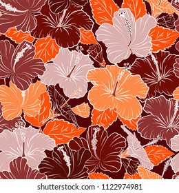 Seamless floral pattern with orange and red hibiscus flowers, watercolor. Vector flower illustration. Seamless pattern with floral motif. Vector illustration.