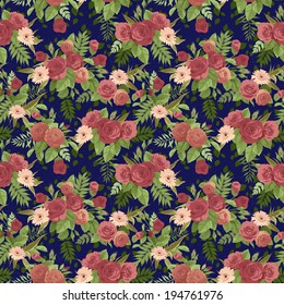 Seamless floral pattern with orange and red roses on dark background . Vector illustration.