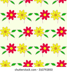 Seamless floral pattern with orange and red flowers with green leaves on light yellow background.