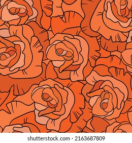 Seamless floral pattern with orange roses. Cartoon style. Design for fabric, textile, paper. Colorful flowers on color background. Vector illustration on traditional folk art ornaments.