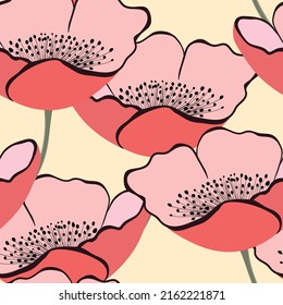 Seamless floral pattern with orange tulips. Cartoon style. Design for fabric, textile, paper. Spring colorful vector illustration, fowers with leaves. Holiday print for Birthday, 8 march
