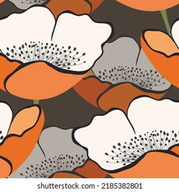 Patrón floral sin foco con tulipanes anaranjados. Estilo de caricatura. Diseño para tela, textil, papel. Ilustración vectorial colorida primavera, flores con hojas. Impresión de vacaciones para cumpleaños, 8 de marzo
