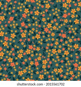 Nahtlose Blumenmuster
orangefarbene und gelbe Blumen. kleine, helle Blumen auf dunkelgrünem Hintergrund. Stock-Vektorgrafik für den Druck auf Oberflächen und Webdesign.
