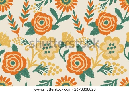 Seamless floral pattern with orange and yellow flowers, green leaves, and vintage botanical design on light background, perfect for textile, wallpaper, wrapping paper, packaging, and home decor.