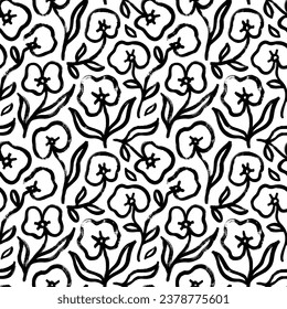 Seamless floral pattern with orchids. Brush drawn summer or spring print. Modern sketchy style natural background. Seamless botanical pattern in naive style. Hand drawn orchid flowers wallpaper.