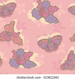 Seamless floral pattern with orchids and butterflies