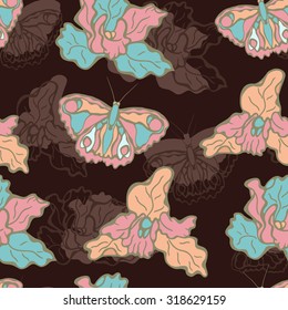 Seamless floral pattern with orchids and butterflies.