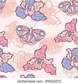 Seamless floral pattern with orchids and butterflies.