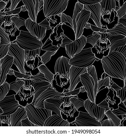 Seamless floral pattern with orchids Cymbidium, white line on black. Hand drawn illustration for fabric, wrapping, prints and other design.