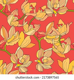 Patrón floral sin foco con orquídeas Cymbidium. Ilustración dibujada a mano para tela, envoltura, impresiones y otro diseño.