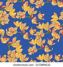 Seamless floral pattern with orchids Cymbidium. Hand drawn illustration for fabric, wrapping, prints and other design.