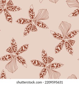 Seamless floral pattern with orchids Cymbidium line on beige. Hand drawn illustration for fabric, wrapping, prints and other design.