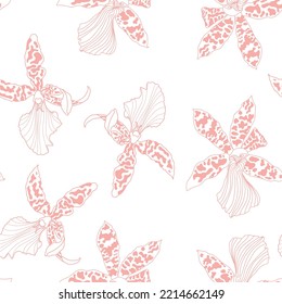 Patrón floral sin foco con orquídeas Línea de cimbidio sobre rosa. Ilustración dibujada a mano para tela, envoltura, impresiones y otro diseño.