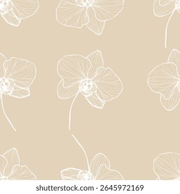 seamless floral pattern. Orchids on a beige background. Elegant botanical design perfect for fabric, wallpaper, wrapping paper, and decorative projects.