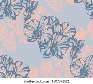 Seamless floral pattern with orchids and ornamental hand drawing decorative background. Ethnic seamless pattern ornament. Vector pattern. Print for textile, cloth, wallpaper, scrapbooking