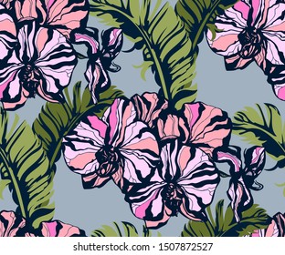 Seamless floral pattern with orchids and ornamental hand drawing decorative background. Ethnic seamless pattern ornament. Vector pattern. Print for textile, cloth, wallpaper, scrapbooking