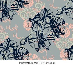 Seamless floral pattern with orchids and ornamental hand drawing decorative background. Ethnic seamless pattern ornament. Vector pattern. Print for textile, cloth, wallpaper, scrapbooking