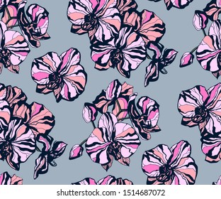 Seamless floral pattern with orchids and ornamental hand drawing decorative background. Ethnic seamless pattern ornament. Vector pattern. 