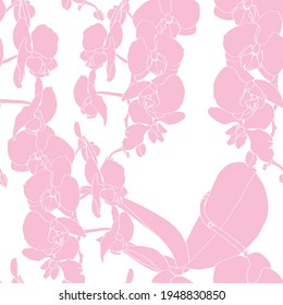 Nahtlose Blumenmuster mit Orchideen, rosafarbene Linie auf Weiß. Handgezeichnete Illustration für Gewebe, Umhüllung, Drucke und anderes Design.