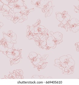 Seamless floral pattern with orchids, red line on pink. Hand drawn illustration for fabric, wrapping, prints and other design in vintage style