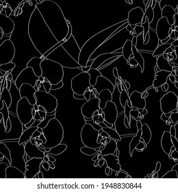 Seamless floral pattern with orchids, white line on black. Hand drawn illustration for fabric, wrapping, prints and other design.