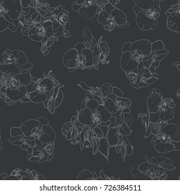 Seamless floral pattern with orchids, white line on black. Hand drawn illustration for fabric, wrapping, prints and other design in vintage style
